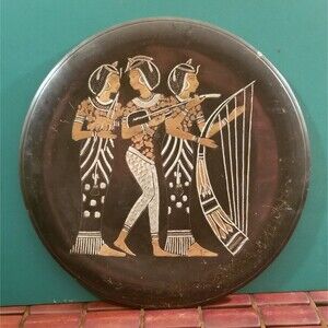 Egyptian Musicians Vintage Black Enamel & Bronze Wall Hanging Decorative Plate